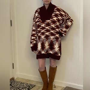 Cozy Crocheted V-Neck Sweater - Brown and White Shawl Collar oversized M/L